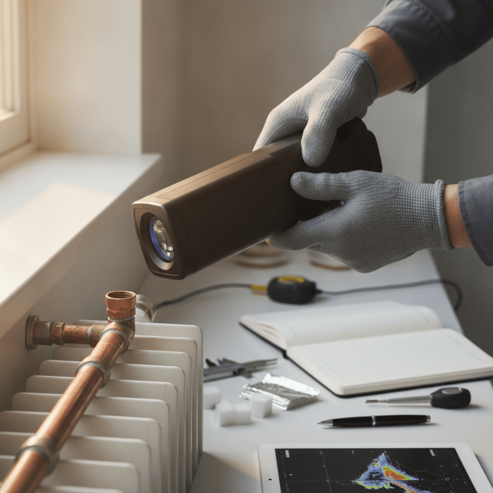 Technicien réalisant un audit énergétique avec appareil de mesure thermique sur installation de chauffage
